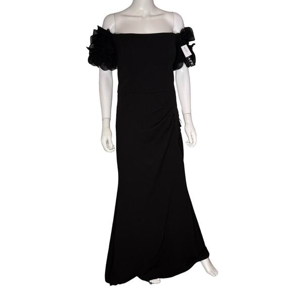 XSCAPE “Ashlyn” Long Scuba Crepe Off the Shoulder Wire Flower Gown Black Sz 10 - Picture 2 of 10